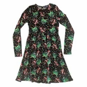 ModCloth Festive Black/Red & Green Cat & Dog Stretchy Christmas Dress Large NWT